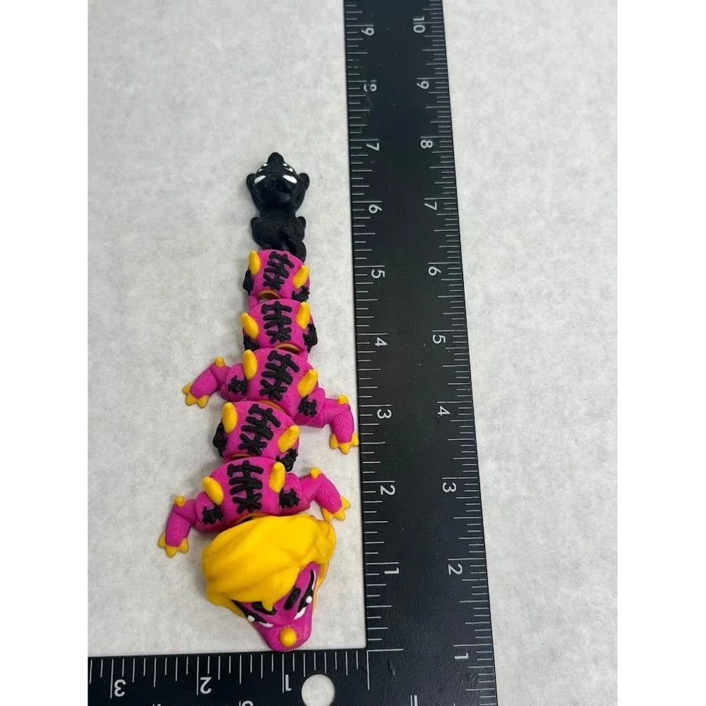 3D Printed Articulated Salem Sister Dragon Toy Magenta Yellow Black Cat Tail